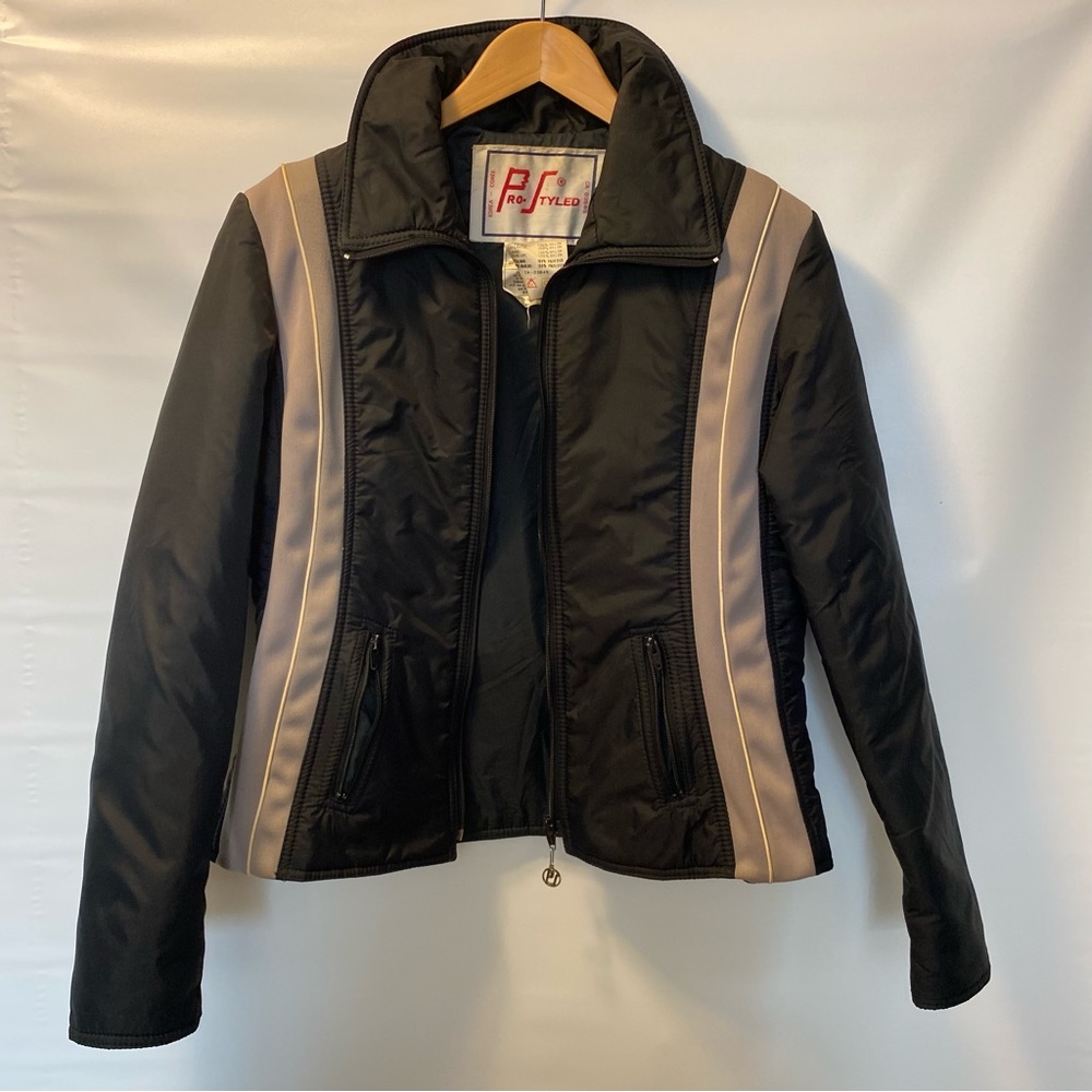 Sz L- Vintage Retro Black and Tan Ski Jacket with Stand-Up Collar